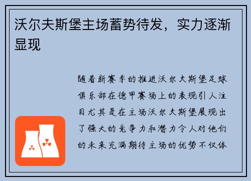 沃尔夫斯堡主场蓄势待发，实力逐渐显现