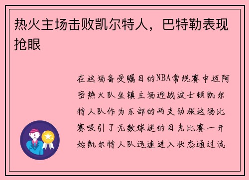 热火主场击败凯尔特人，巴特勒表现抢眼